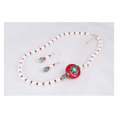 Fashionable Oxidise Silver Plated Pandent Small Bead And White Pearl Mala With One Pair Of Earring For Girls And Women