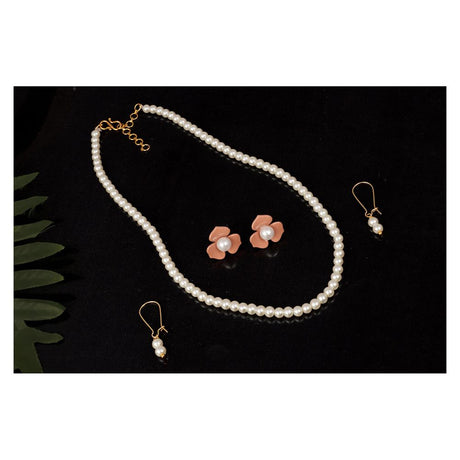 Imitation Pearl 4Mm Strand Necklace Moti Mala Jewellery Set With Combo Of 2 Pair Of Designer Earrings For Women And Girls