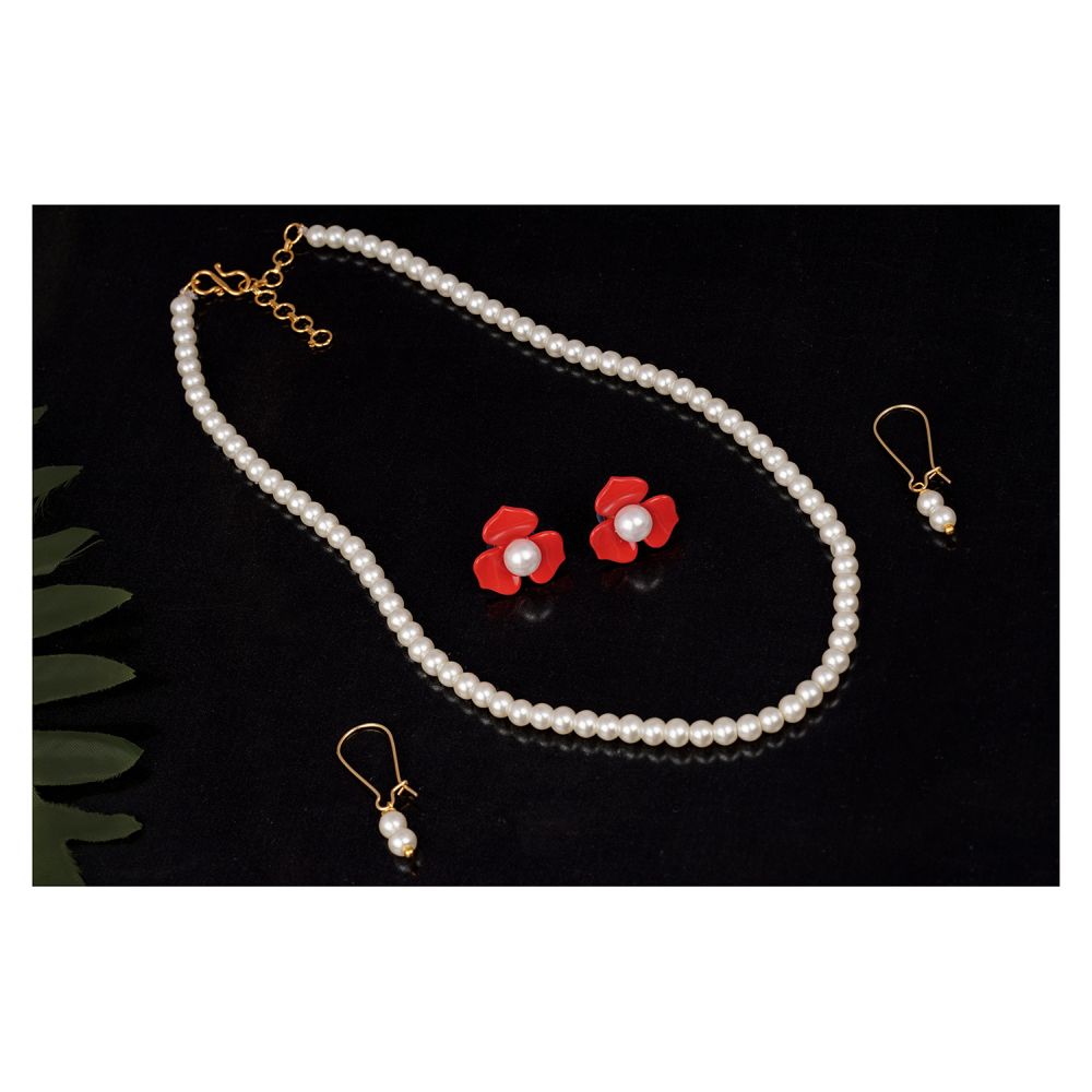 Imitation Pearl 8Mm Strand Necklace Moti Mala Jeweler Set With Combo Of 2 Pair Of Designer Earrings For Women And Girls