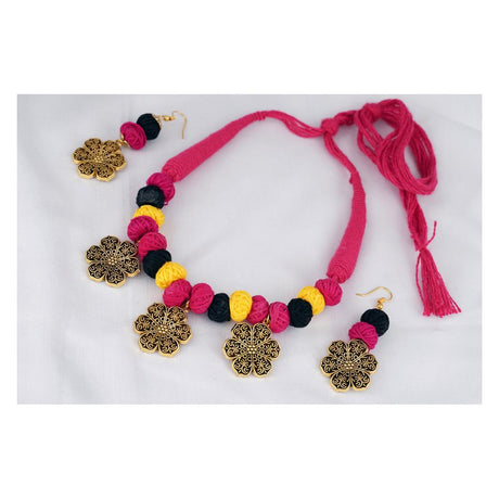 Handcrafted Gold German Silver Oxidized Cotton Beads With Pink Cotton Adjustable Thread Necklace Set