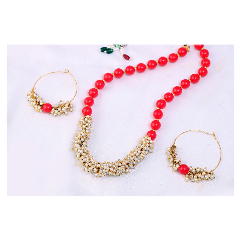 One Gram Gold Plated Pearl Leheriya Bead Necklace With Hoop Earring For Women And Girls 