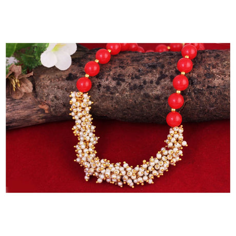 One Gram Gold Plated Pearl Leheriya Bead Necklace With Hoop Earring For Women And Girls 
