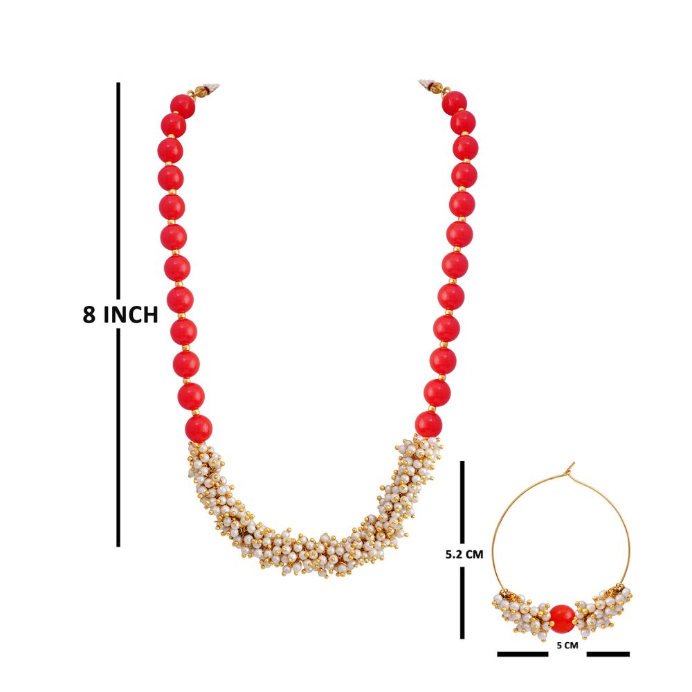 One Gram Gold Plated Pearl Leheriya Bead Necklace With Hoop Earring For Women And Girls 