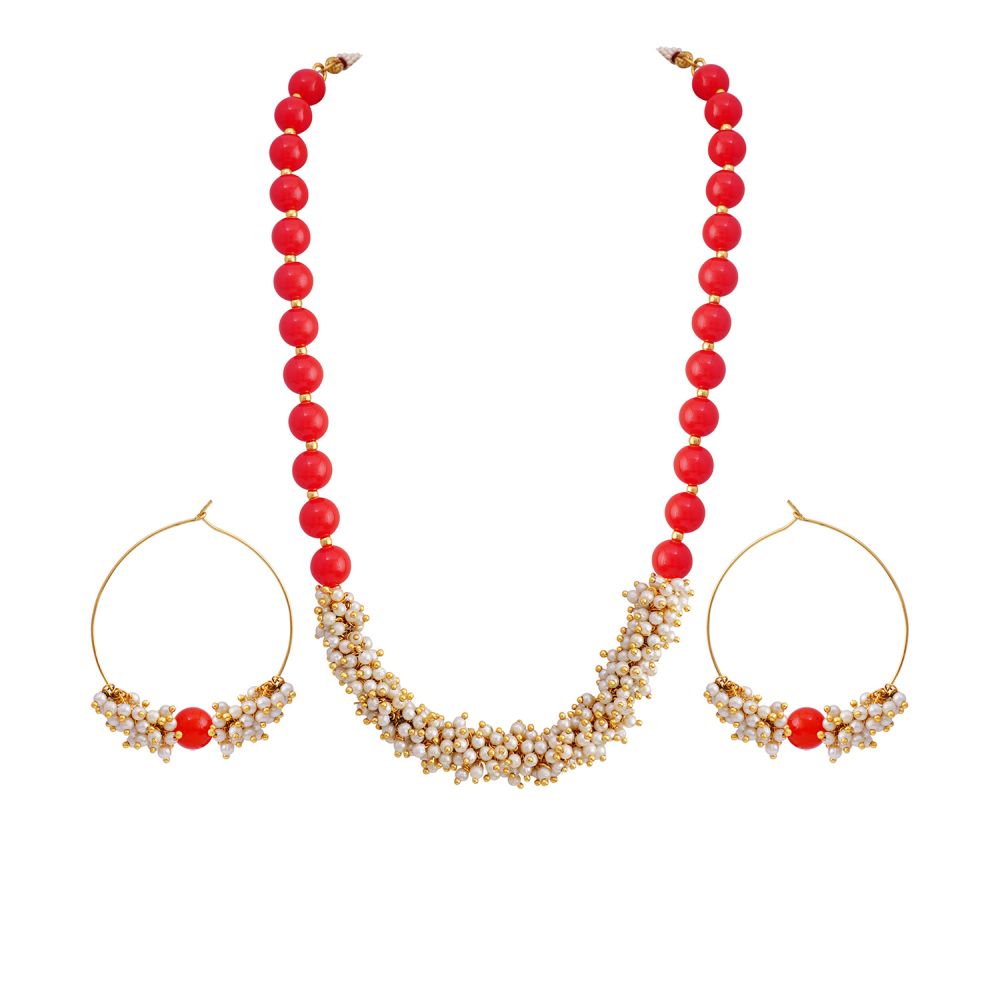 One Gram Gold Plated Pearl Leheriya Bead Necklace With Hoop Earring For Women And Girls 