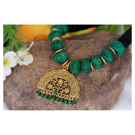 Gold Plated Small Bead Pendant With Cotton Bead Necklace And One Pair Of Earring For Women And Girls