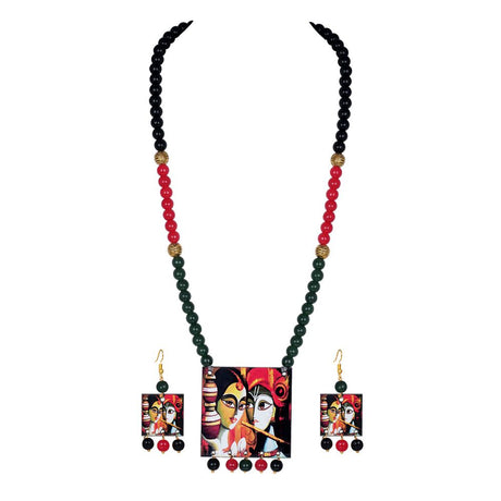 Classic Radha And Krishna Pendant With Beaded Handcraft Necklace And Dangler Earrings For Women And Girls