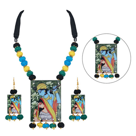 Etnic Radha Krishna Pendant With Multi Color And Cotton Bead Adjustable Thread Handcraft Necklace And Dangler Earrings For Women And Girls