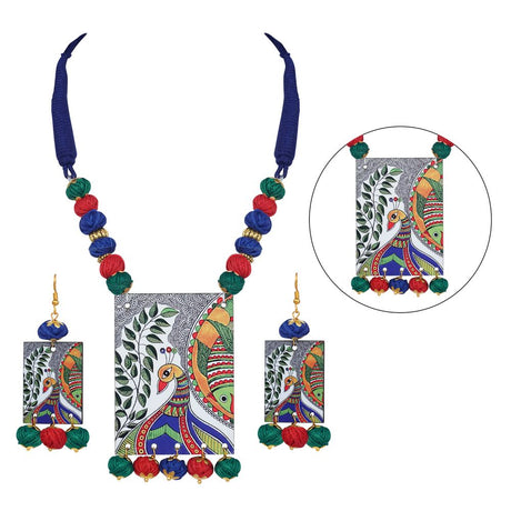 Ethnic Peacock Handcrafted Necklace Set With Multi Color Cotton Thread Bead And Digital Painting