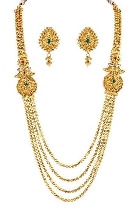 Buy Women's Copper 4 Layer Gold Bead Necklace Set in Green Online - Back