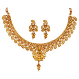 Ethnic Gold Plated Cz American Diamond Studded Laxmi And Peacock Design Necklace Set With Adjustable Thread For Women