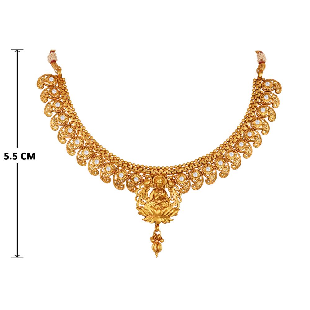 Ethnic Gold Plated Cz American Diamond Studded Laxmi And Peacock Design Necklace Set With Adjustable Thread For Women