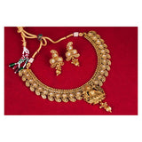 Ethnic Gold Plated Cz American Diamond Studded Laxmi And Peacock Design Necklace Set With Adjustable Thread For Women