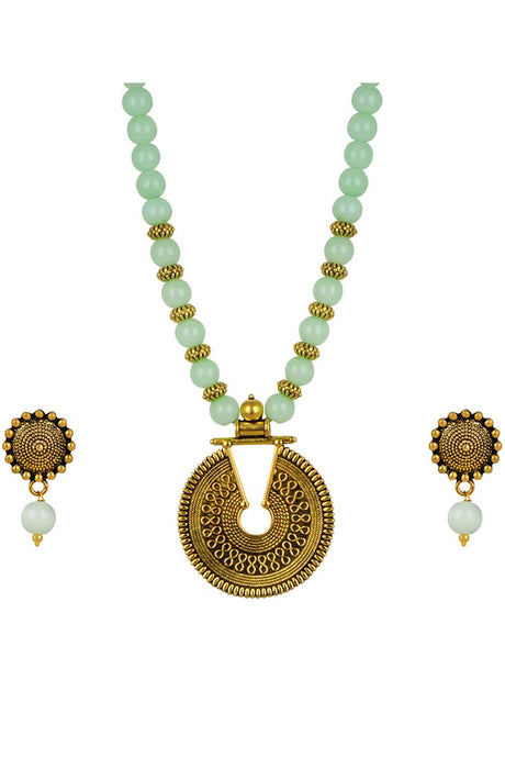 Buy Women's Copper Key Hole Bead Necklace Set in Mint Green Online