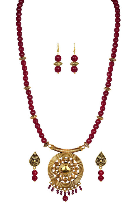 Buy Women's Copper Beaded Necklace Set in Maroon Online