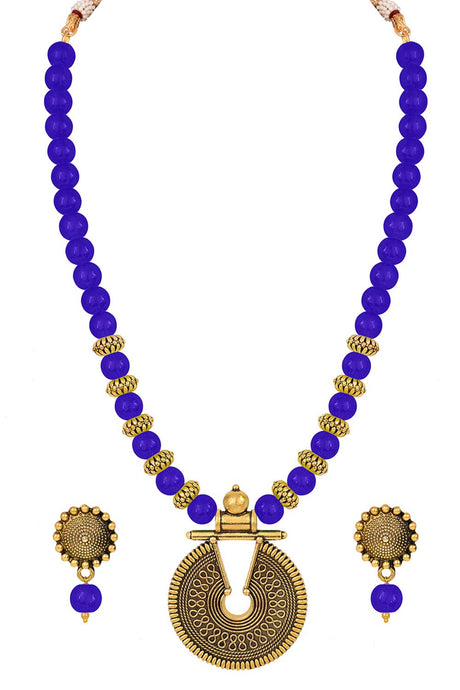 Buy Women's Copper Key Hole Bead Necklace Set in Navy Blue Online - Back