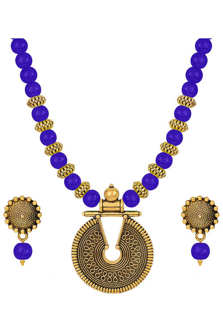 Buy Women's Copper Key Hole Bead Necklace Set in Navy Blue Online