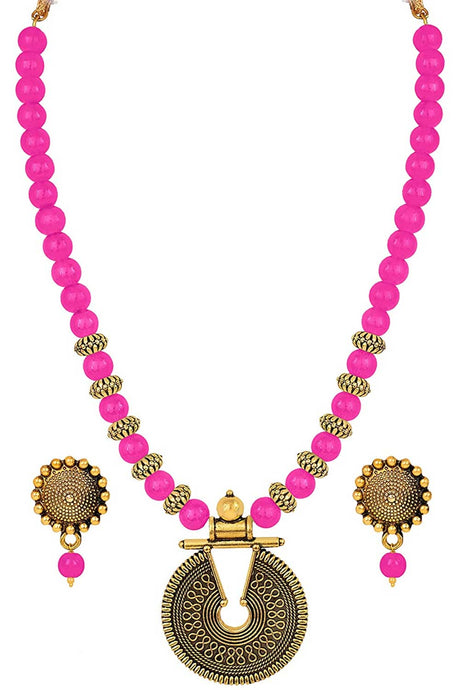 Buy Women's Copper Key Hole Bead Necklace Set in Dark Pink Online - Back