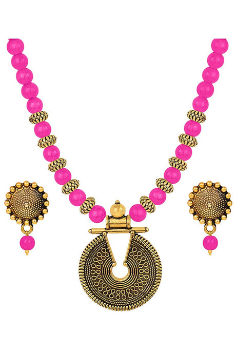 Buy Women's Copper Key Hole Bead Necklace Set in Dark Pink Online