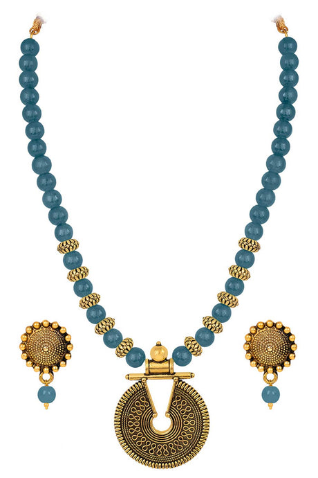Buy Women's Copper Key Hole Bead Necklace Set in Sea Blue Online - Back