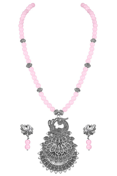 Buy Women's Brass Necklace Set in Pink Online - Back