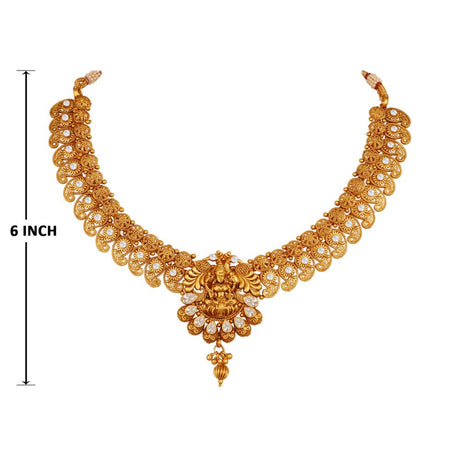 Traditional Gold Plated Cz American Diamond Studded Mahalaxmi Mango Design Necklace Set With Adjustable Thread For Women