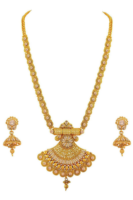 Buy Women's Copper Long Haram Bridal Necklace Set in Gold Online - Back