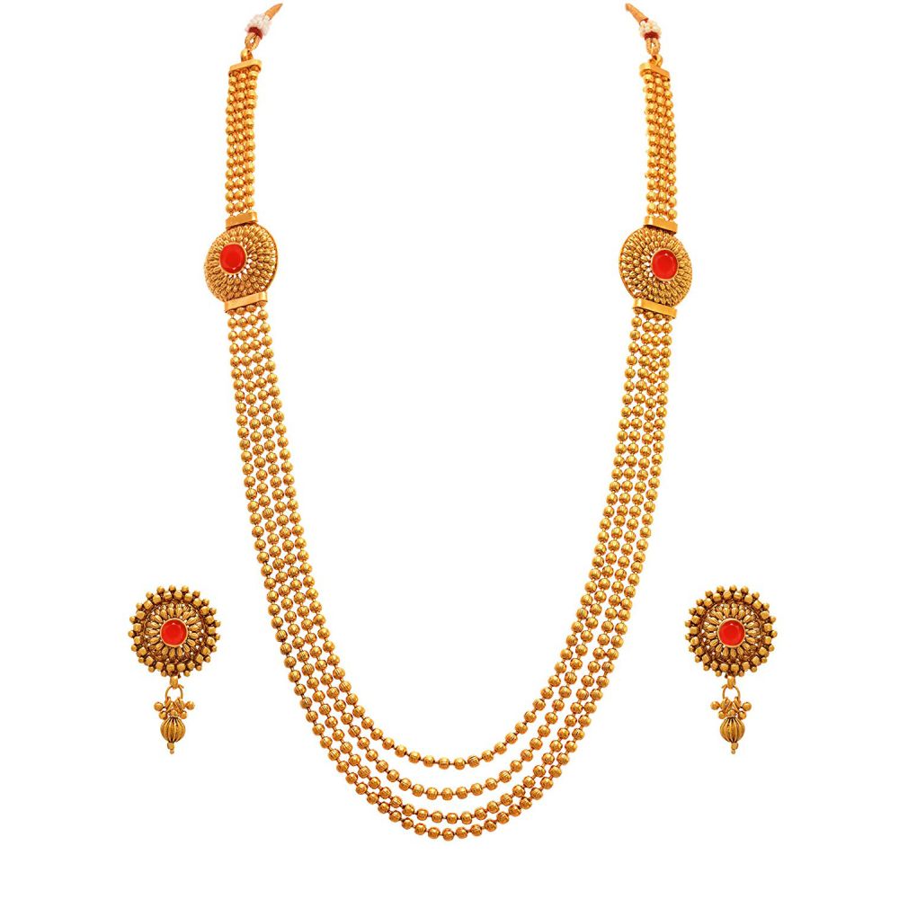 Traditional Ethnic One Gram Gold Plated Stone And Bead Designer Long Necklace Set With Stud Earring For Women And Girls