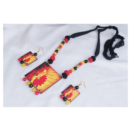 Maa Durga Painting Pendant With Multi Color And Cotton Bead Adjustable Thread Handcraft Necklace And Earrings For Women And Girls