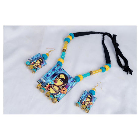 Beautiful Village Women Painting Pendant With Multi Color And Cotton Bead Adjustable Thread Handcraft Necklace And Earrings For Women And Girls