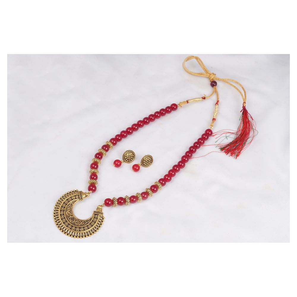 Stylish Gold Plated Antique Semi-Circle Pendant Beaded Tribal Necklace Set For Women And Girls