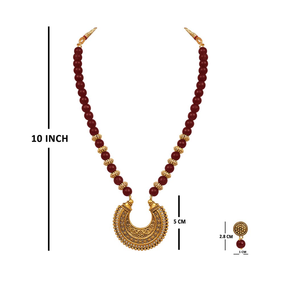 Stylish Gold Plated Antique Semi-Circle Pendant Beaded Tribal Necklace Set For Women And Girls