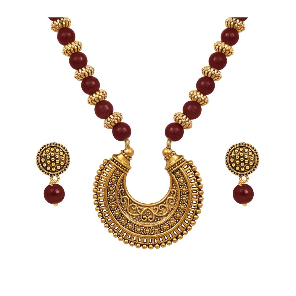 Stylish Gold Plated Antique Semi-Circle Pendant Beaded Tribal Necklace Set For Women And Girls