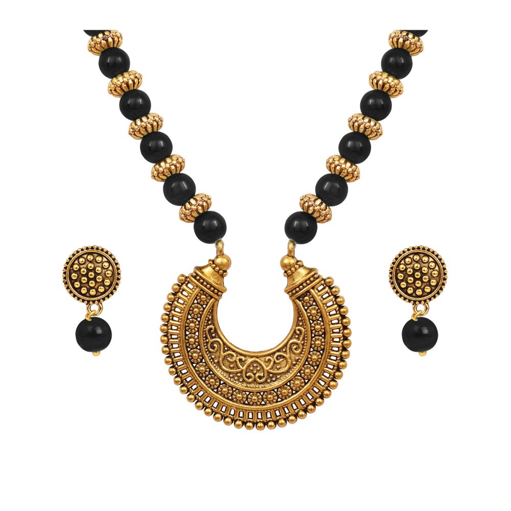 Stylish Gold Plated Antique Semi-Circle Pendant Beaded Tribal Necklace Set For Women And Girls