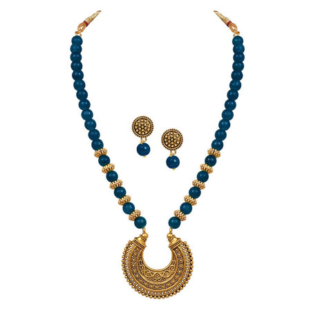 Stylish Gold Plated Antique Semi-Circle Pendant Beaded Tribal Necklace Set For Women And Girls