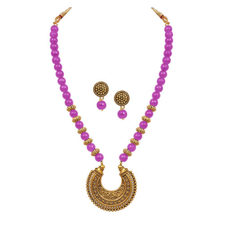Stylish Gold Plated Antique Semi-Circle Pendant Beaded Tribal Necklace Set For Women And Girls