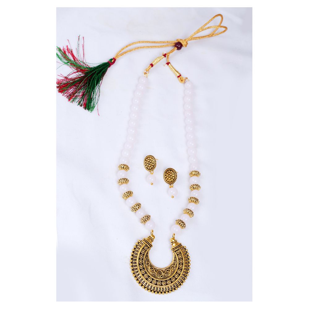 Stylish Gold Plated Antique Semi-Circle Pendant Beaded Tribal Necklace Set For Women And Girls