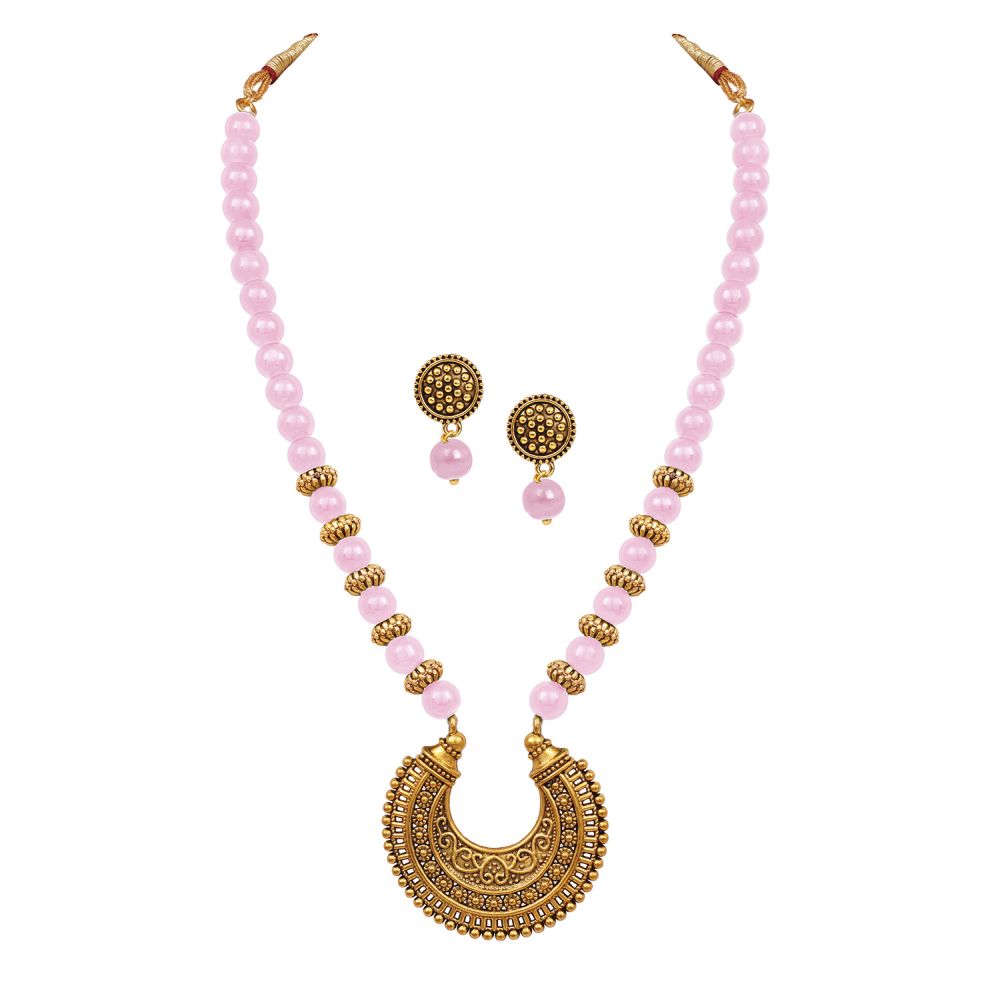 Stylish Gold Plated Antique Semi-Circle Pendant Beaded Tribal Necklace Set For Women And Girls