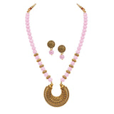 Stylish Gold Plated Antique Semi-Circle Pendant Beaded Tribal Necklace Set For Women And Girls