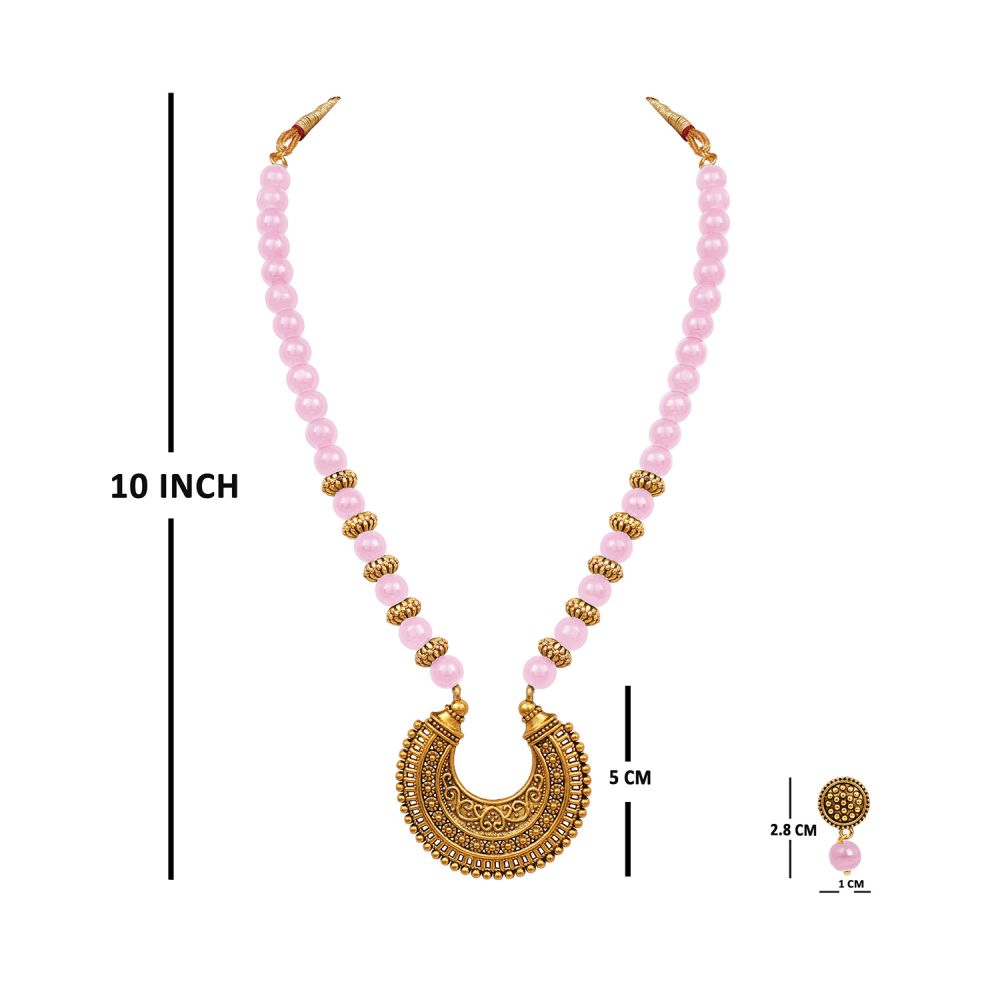 Stylish Gold Plated Antique Semi-Circle Pendant Beaded Tribal Necklace Set For Women And Girls