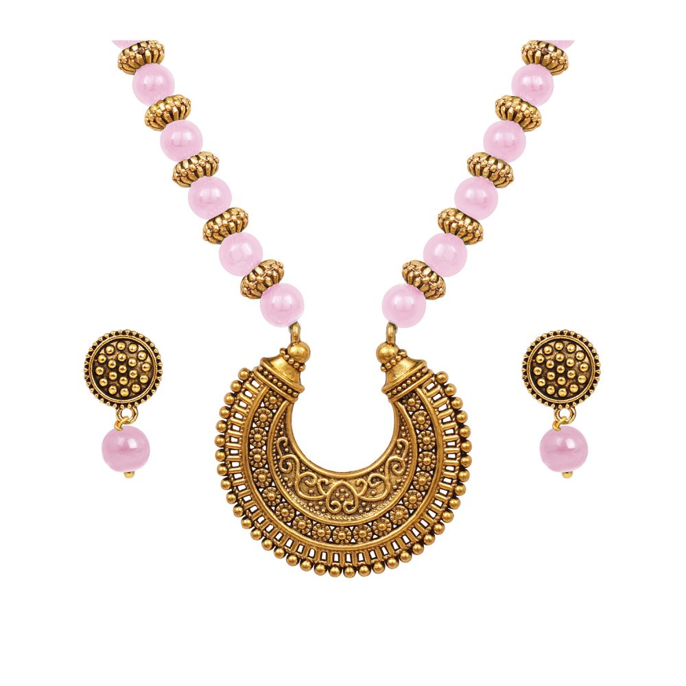 Stylish Gold Plated Antique Semi-Circle Pendant Beaded Tribal Necklace Set For Women And Girls