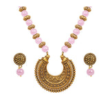 Stylish Gold Plated Antique Semi-Circle Pendant Beaded Tribal Necklace Set For Women And Girls