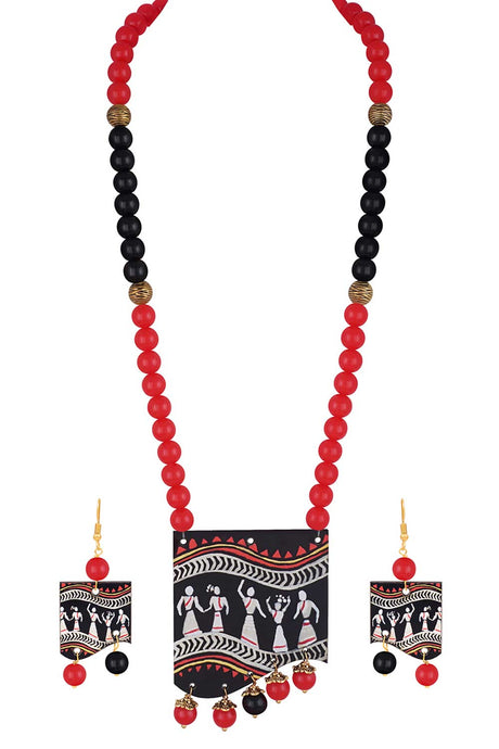 Buy Women's Copper Beaded Necklace Set in Red Online - Back
