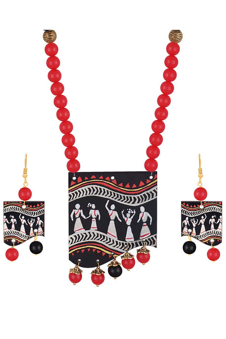 Buy Women's Copper Beaded Necklace Set in Red Online