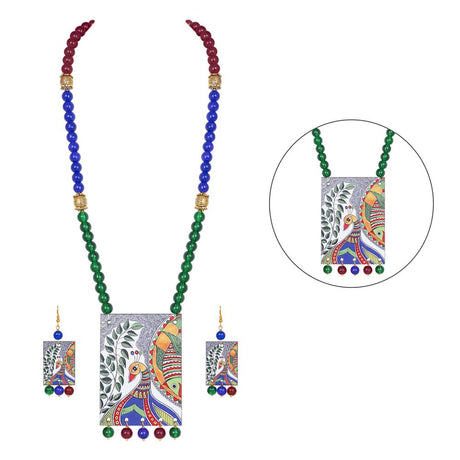 Ethnic Peacock Design Pendant With Multi Color And Bead Adjustable Thread Handcraft Necklace And Dangler Earrings For Women And Girls
