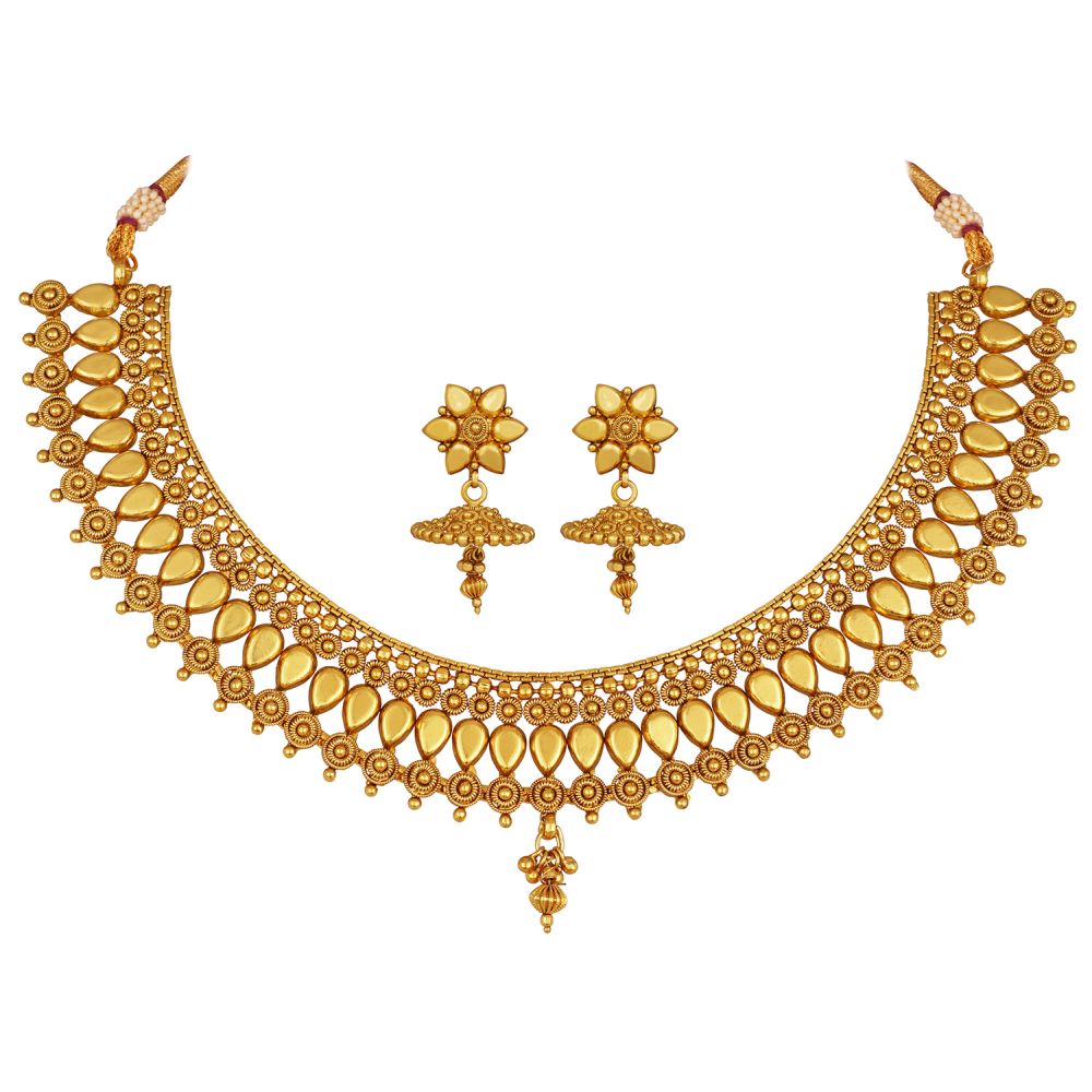 Ethnic Gold Plated Drop Shape And Spiral Design Fancy Necklace Set With Adjustable Thread For Women