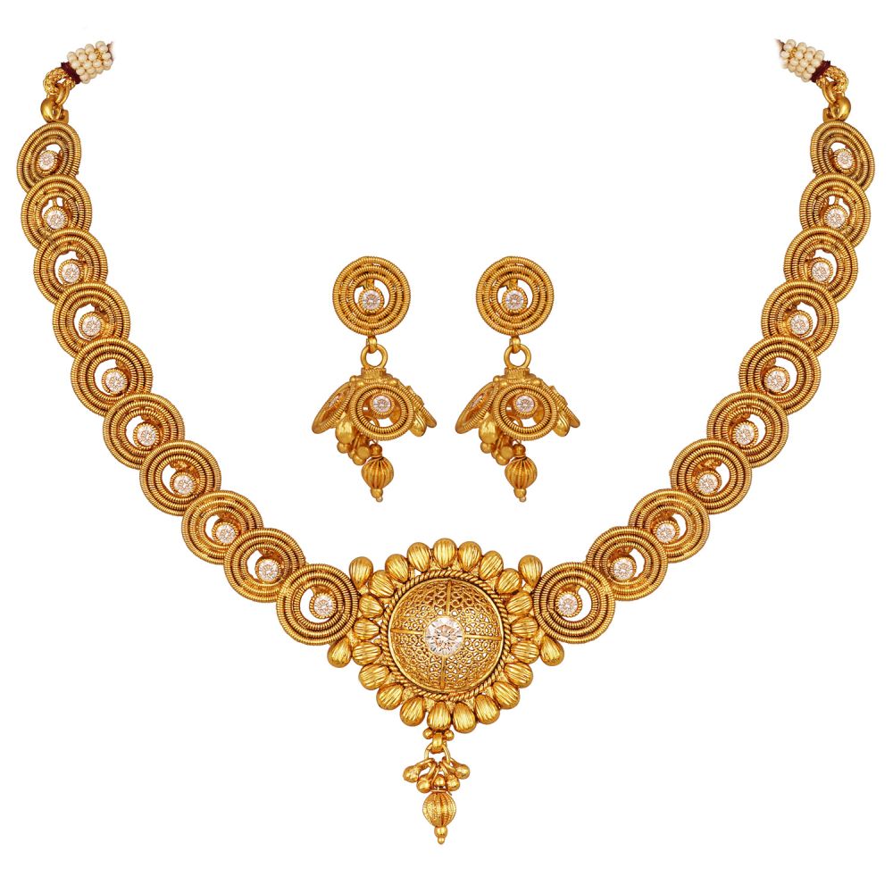 Traditional Gold Plated Cz American Diamond Spiral Design Necklace Set With Adjustable Thread For Women