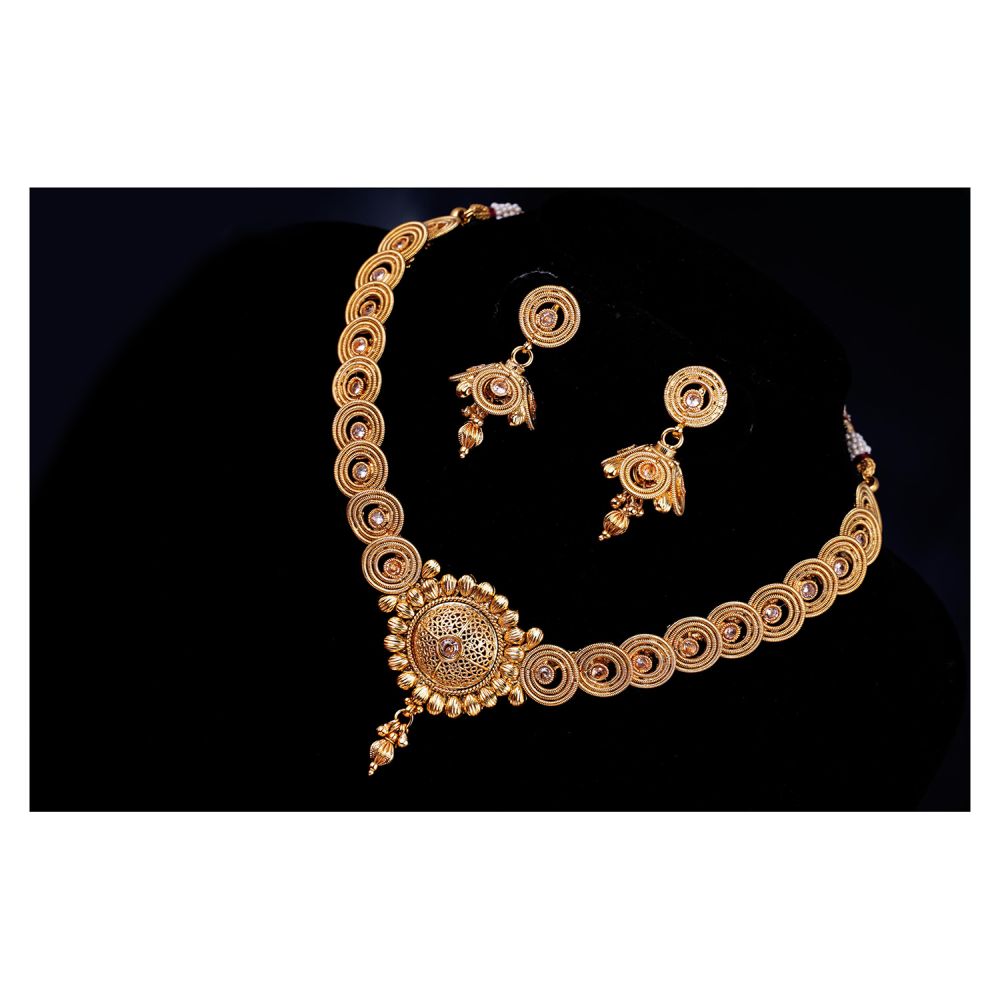 Traditional Gold Plated Cz American Diamond Spiral Design Necklace Set With Adjustable Thread For Women