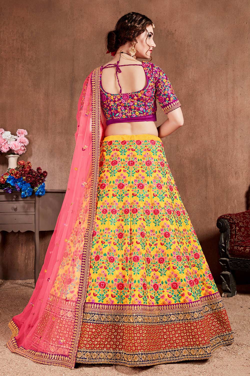 Yellow Mulberry Silk Zari Sequins Embroidery With Stone Work Lehenga Set