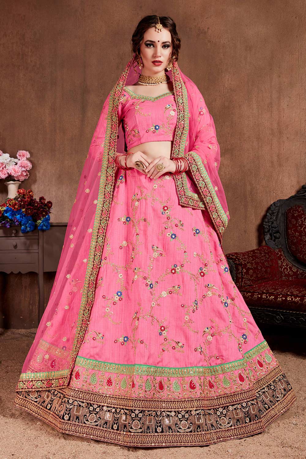 Cupcake Pink Art Silk Zari Sequins Embroidery With Stone Work Lehenga Set