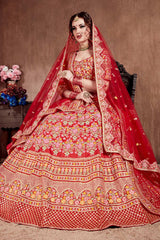 Carmine Red Mulberry Silk Zari Sequins Embroidery With Stone Work Lehenga Set